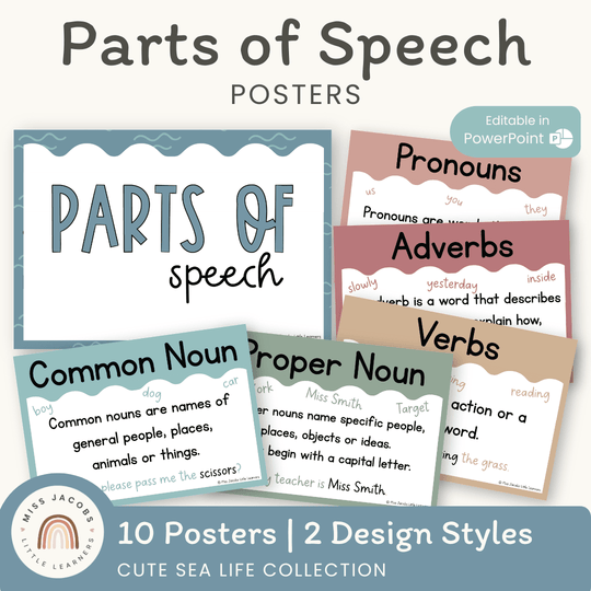 Parts of Speech Posters - Cute Sea Life Classroom Decor