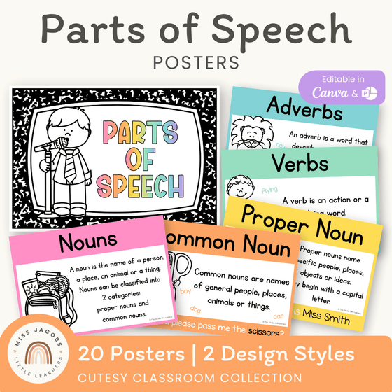 Parts of Speech Posters - Cutesy Classroom Decor - Miss Jacobs Little Learners