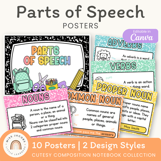 Parts of Speech Posters - Cutesy Composition Notebook English Decor