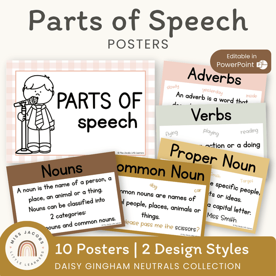 Parts of Speech Posters - Daisy Gingham Neutrals Decor
