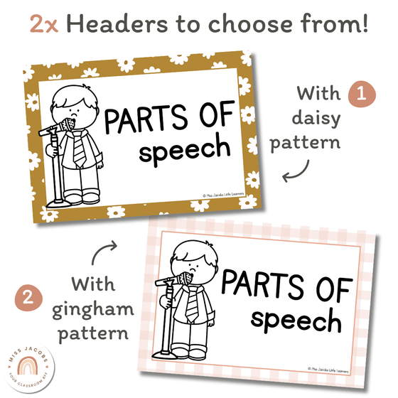 Parts of Speech Posters | Daisy Gingham Neutrals English Classroom Decor - Miss Jacobs Little Learners