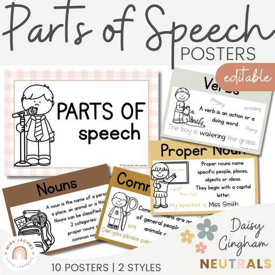 Parts of Speech Posters | Daisy Gingham Neutrals English Classroom Decor - Miss Jacobs Little Learners