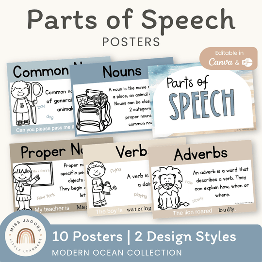 Parts of Speech Posters - Modern Ocean Classroom Decor