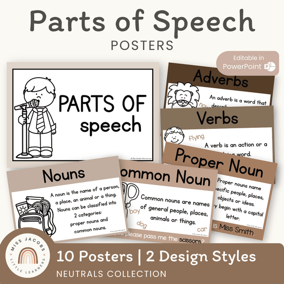 Parts of Speech Posters | Ombre Neutral English Classroom Decor – Miss ...