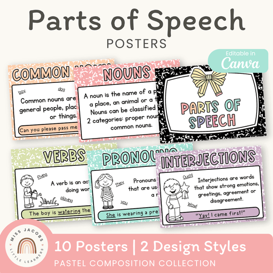 Parts of Speech Posters - Pastel Composition Notebook English Decor