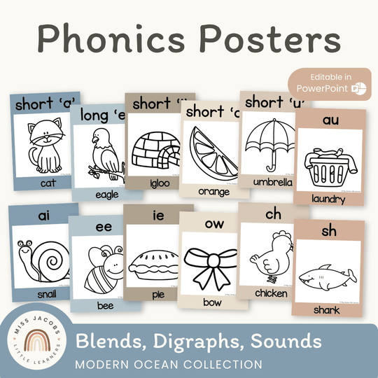 Phonics Posters - Modern Ocean Classroom Decor