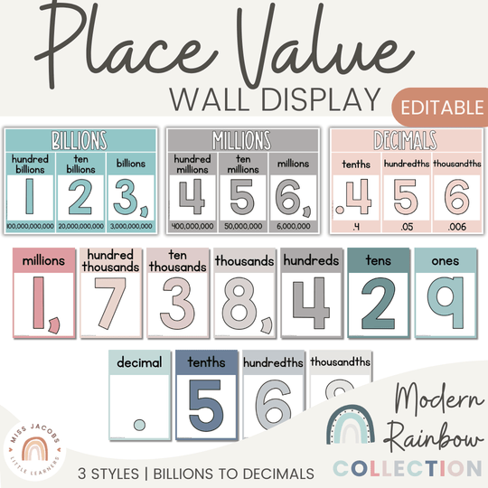 Place Value with Decimals Wall Display - Rainbow Calm Colors Decor