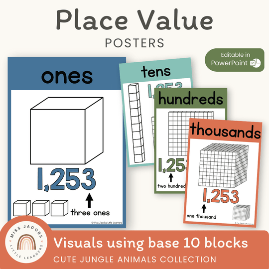 Place Value Posters - Base 10 Blocks - Cute Jungle Animals