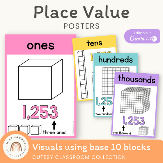 Place Value Posters - Base 10 Blocks - Cutesy Classroom Decor - Miss Jacobs Little Learners
