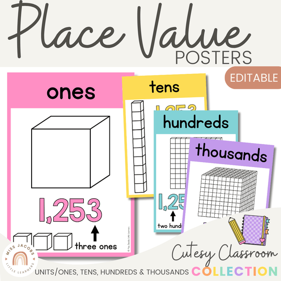 Place Value Posters - Base 10 Blocks - Cutesy Classroom Decor - Miss Jacobs Little Learners