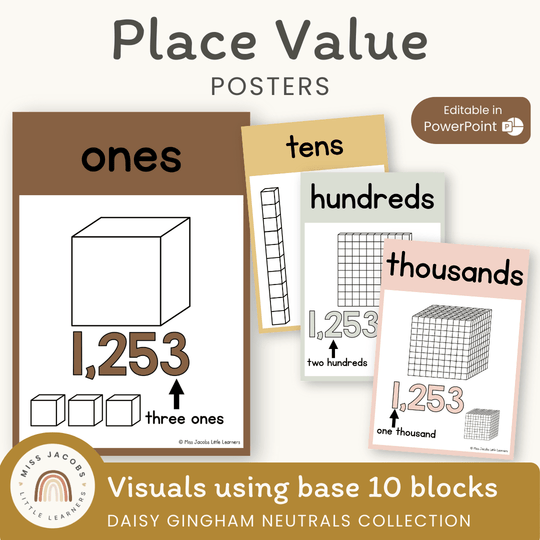 Place Value Posters - Base 10 Blocks - Daisy Gingham Neutrals Decor