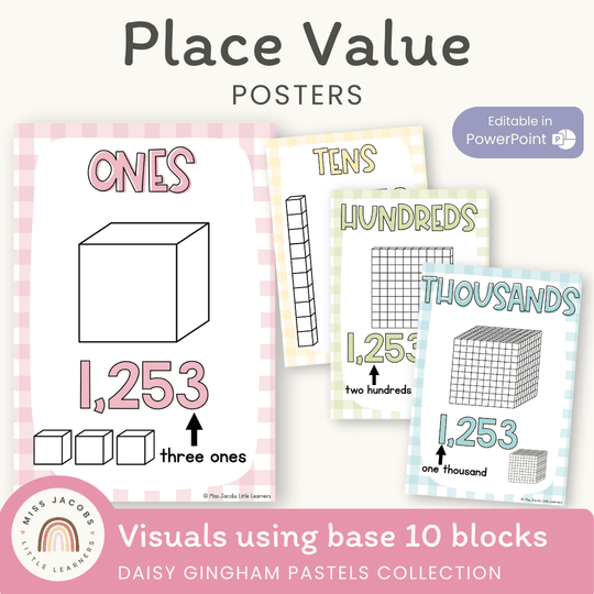 Place Value Posters - Base 10 Blocks - Daisy Gingham Pastels Theme
