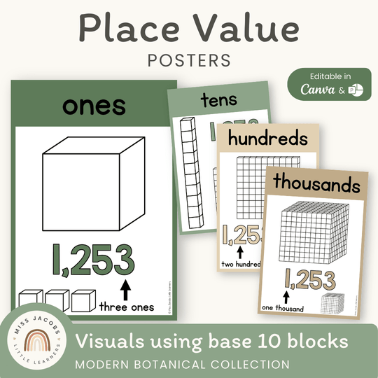 Place Value Posters - Base 10 Blocks - Modern Botanical Theme