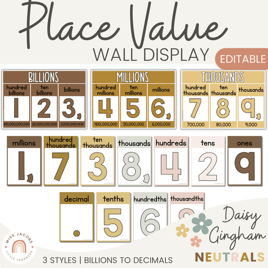 Place Value with Decimals Wall Display - Daisy Gingham Neutrals