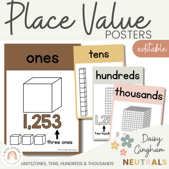 Place Value Posters - Base 10 Blocks - Daisy Gingham Neutrals Decor
