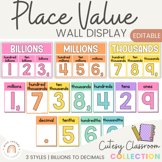 Place Value with Decimals Wall Display - Cutesy Classroom Decor - Miss Jacobs Little Learners