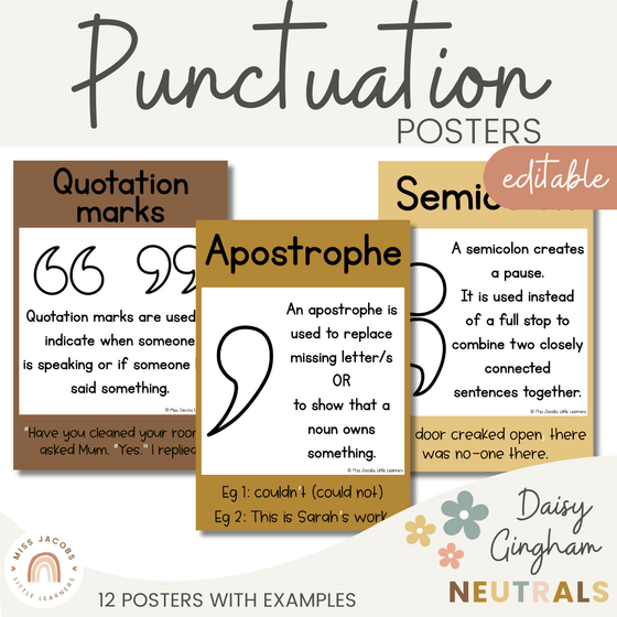 Punctuation Posters | Daisy Gingham Neutrals English Classroom Decor - Miss Jacobs Little Learners