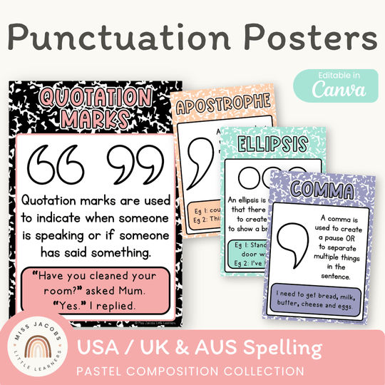 Punctuation Posters - Pastel Composition Notebook English Decor