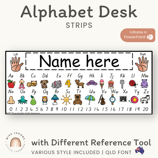 QLD Beginners Font | Alphabet Desk Strips with Numbers | Student Name Tags