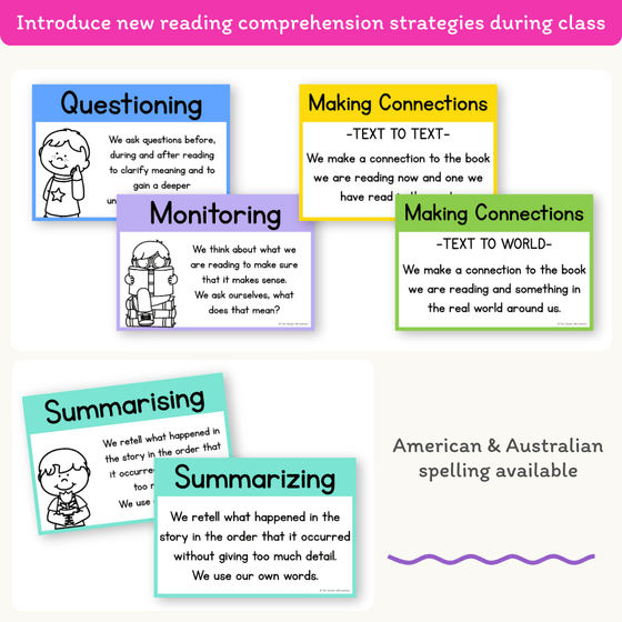 Reading Comprehension Strategies Posters - Bright Theme - Miss Jacobs Little Learners