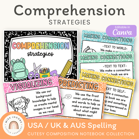 Reading Comprehension Strategies Posters - Cutesy Composition Notebook English Decor