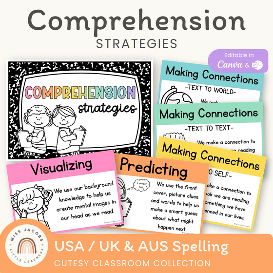 Reading Comprehension Strategies Posters - Cutesy Theme Decor - Miss Jacobs Little Learners