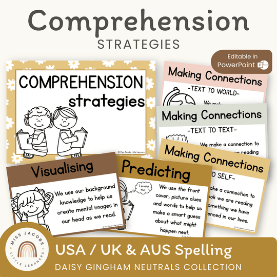 Reading Comprehension Strategies Posters - Daisy Gingham Neutrals