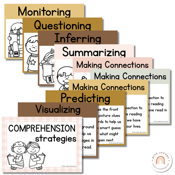 Reading Comprehension Strategies Posters | Daisy Gingham Neutrals English Classroom Decor - Miss Jacobs Little Learners