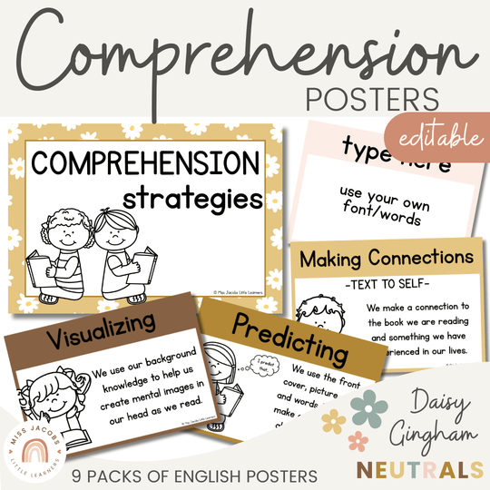 Reading Comprehension Strategies Posters - Daisy Gingham Neutrals