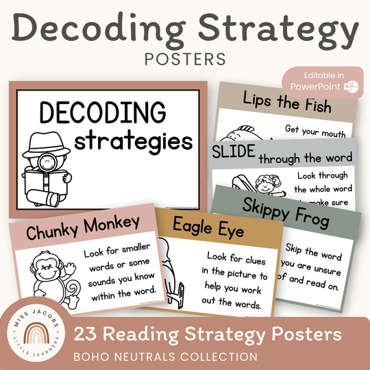 Reading Decoding Strategies Posters - Boho Neutrals Theme