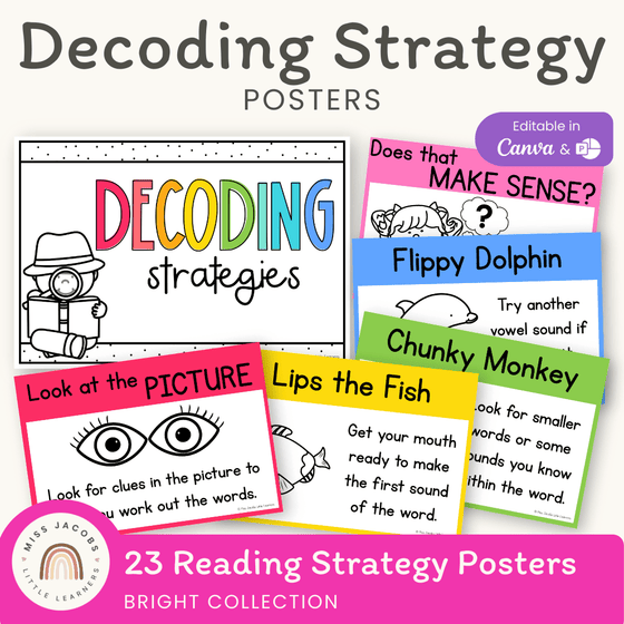 Reading Decoding Strategies Posters - Bright Theme - Miss Jacobs Little Learners
