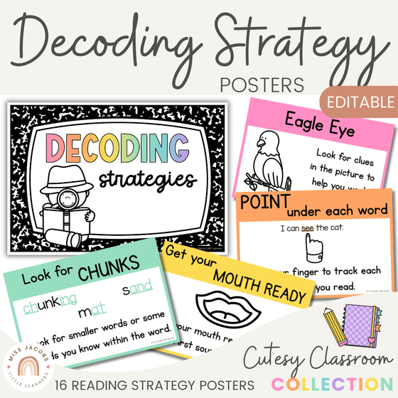 Reading Decoding Strategies Posters - Cutesy Theme Decor - Miss Jacobs Little Learners