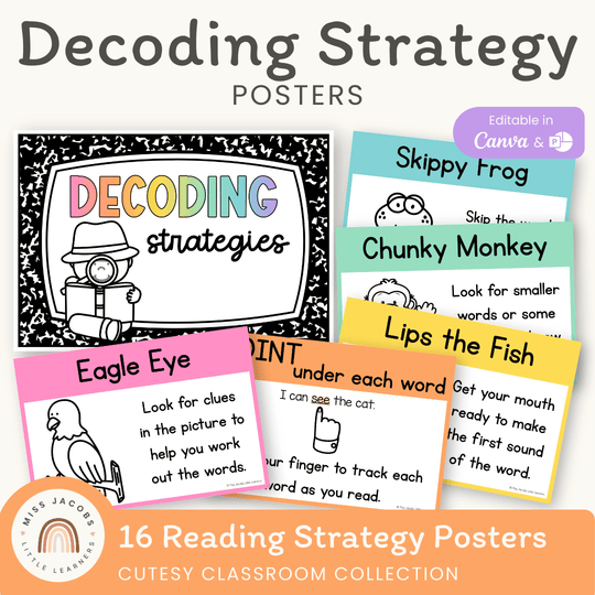 Reading Decoding Strategies Posters - Cutesy Theme Decor