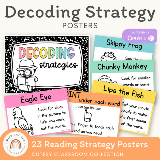 Reading Decoding Strategies Posters - Cutesy Theme Decor - Miss Jacobs Little Learners