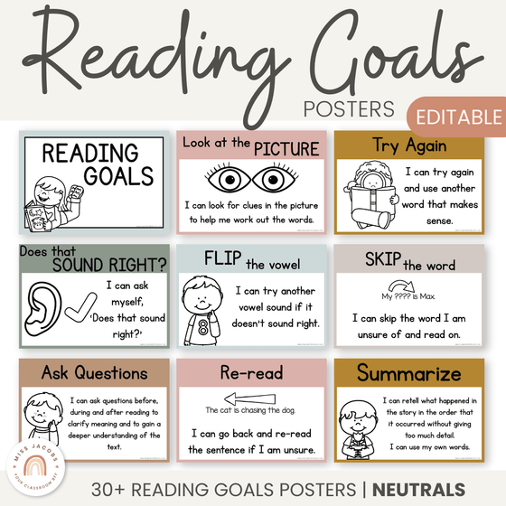 Reading Goals Posters | Neutral Toned Classroom Decor - Miss Jacobs Little Learners