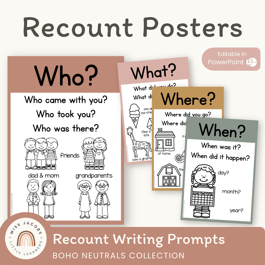 Recount Posters - Boho Neutrals Classroom Theme - Miss Jacobs