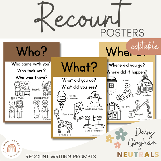 Recount Writing Posters and Prompts | Daisy Gingham Neutrals English Classroom Decor - Miss Jacobs Little Learners