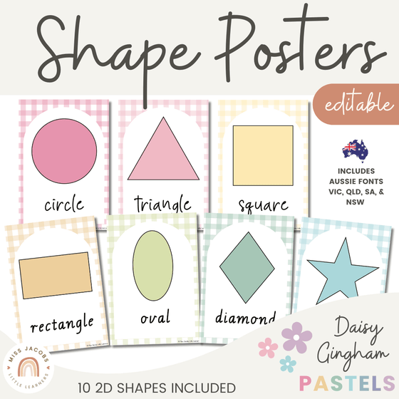 Shape Posters | Daisy Gingham Pastels Classroom Decor | Editable - Miss Jacobs Little Learners