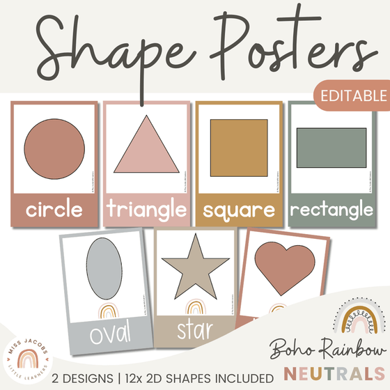 Shape Posters | Modern Boho Rainbow | Calm Classroom Decor | Editable - Miss Jacobs Little Learners