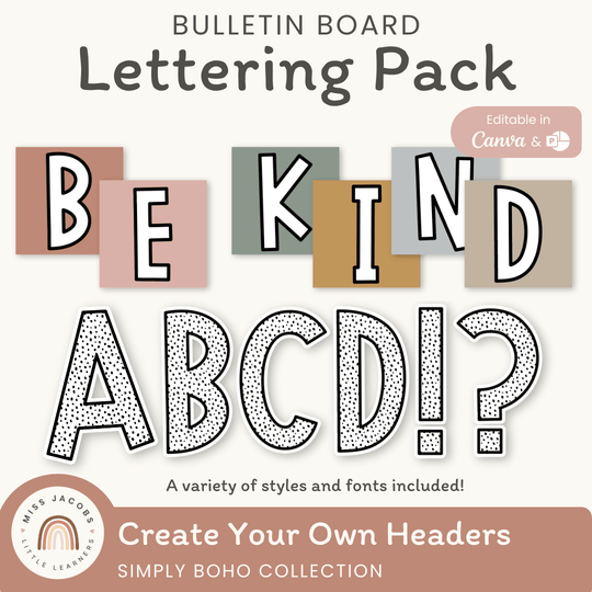 SIMPLE BOHO Bulletin Board Lettering Pack | Editable Neutral Classroom Display Headers