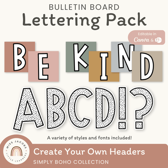 SIMPLE BOHO Bulletin Board Lettering Pack | Editable Neutral Classroom Display Headers - Miss Jacobs Little Learners