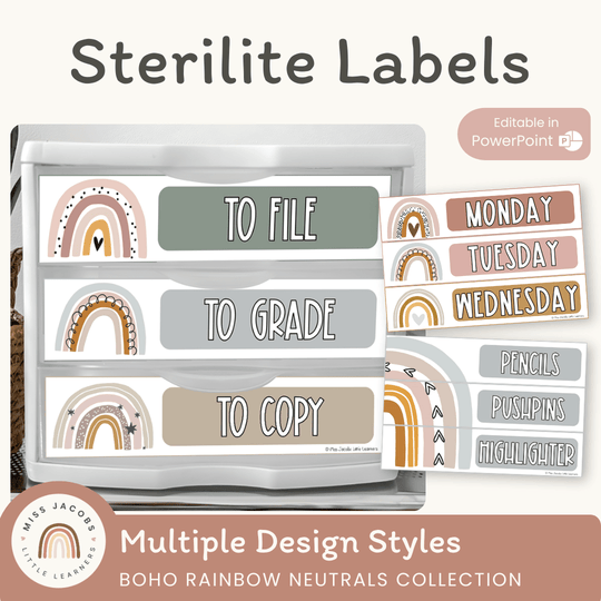 Sterilite Drawer Labels - Boho Rainbow Neutrals Theme
