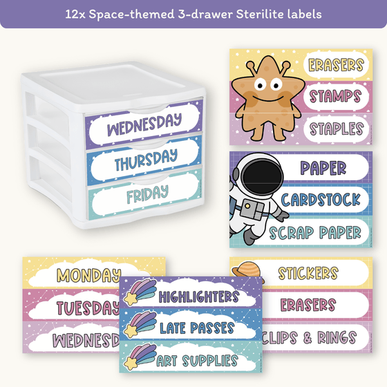 Sterilite Drawer Labels - Dreamy Space Classroom Decor - Miss Jacobs Little Learners