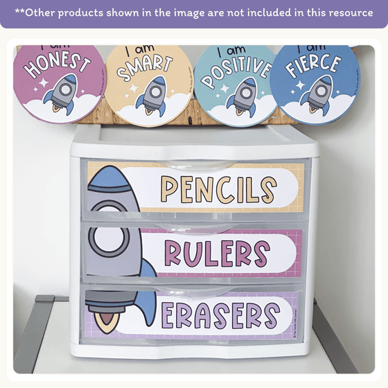 Sterilite Drawer Labels - Dreamy Space Classroom Decor - Miss Jacobs Little Learners
