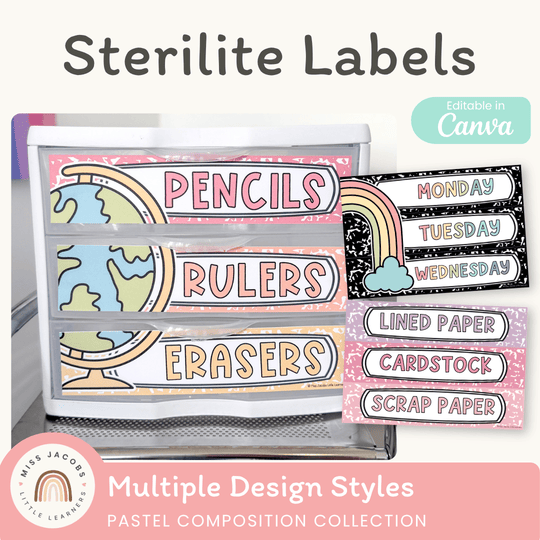Sterilite Drawer Labels - Pastel Composition Notebook Classroom Decor