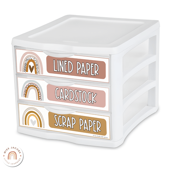 Sterilite Labels | Editable 3 Drawer Labels | Boho Rainbow Neutrals - Miss Jacobs Little Learners