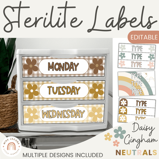 Sterilite Labels | Editable 3 Drawer Labels | Daisy Gingham Neutrals - Miss Jacobs Little Learners