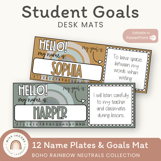 Student Desk Name Plate & Goals Mat - Boho Rainbow Decor
