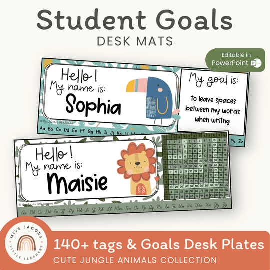 Student Desk Name Plate & Goals Mat - Cute Jungle Animals