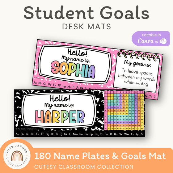 Student Desk Name Plate & Goals Mat - Cutesy Classroom Decor - Miss Jacobs Little Learners